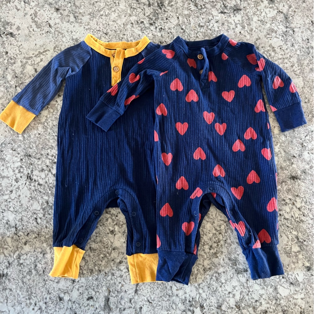 Cat & Jack Ribber Romper Lot - Navy Hearts & Navy/Yellow 0-3 Months